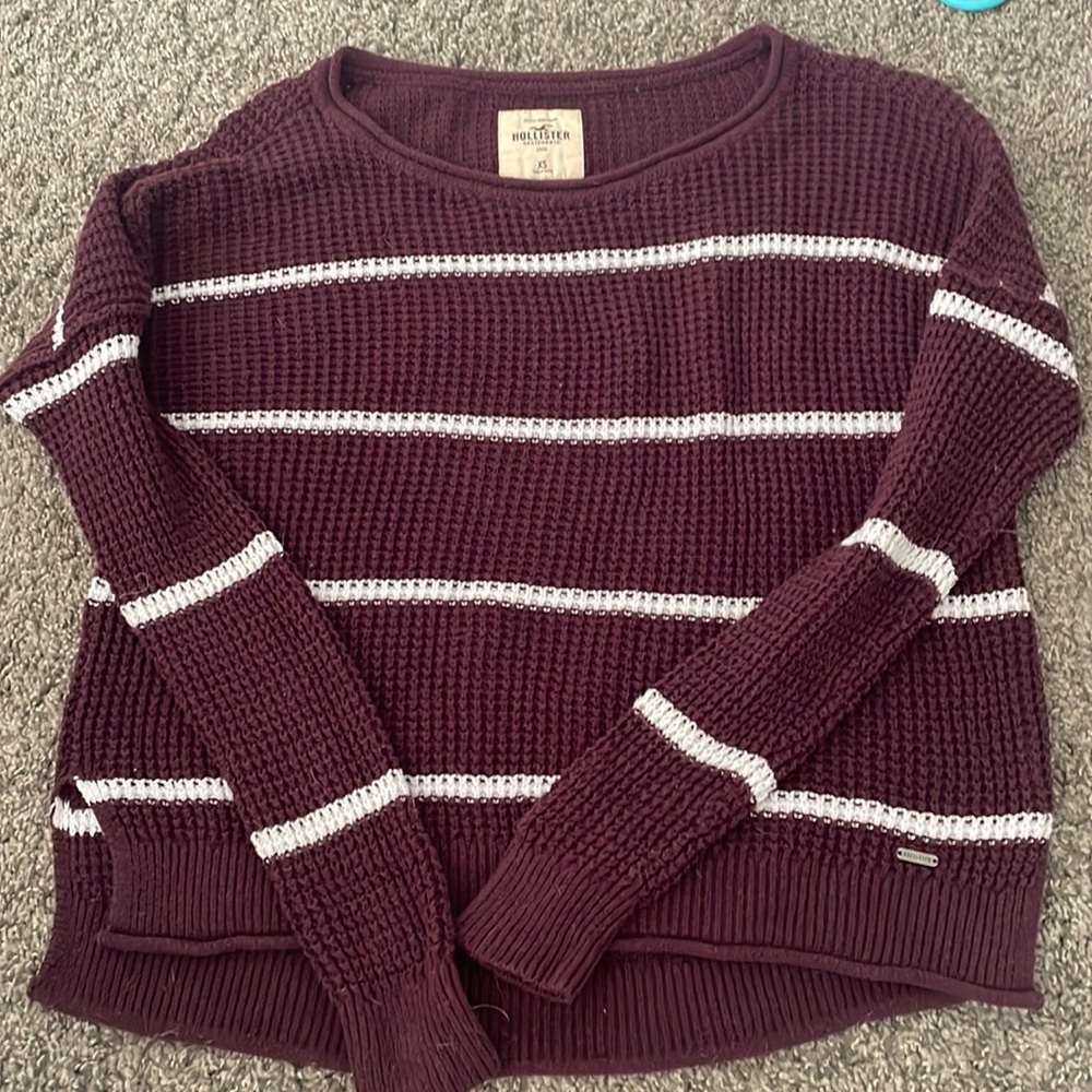 Hollister Maroon and White Striped Sweater